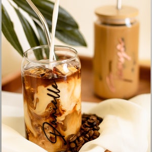 Personalized Iced Coffee Cup with Bamboo Lid & Glass Straw, Iced Coffee Tumbler, Glass Tumbler for Coffee Lovers Gift, Mason Jar Tumbler