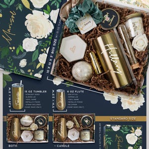 May include: A floral-themed gift box set with a choice of a 15-ounce tumbler or a 6-ounce flute. The box is decorated with white flowers and gold accents. The tumbler and flute are both gold and have a personalised name. The set also includes a bath bomb, a candle, and a small dish. The box is available in two sizes: standard and luxe.