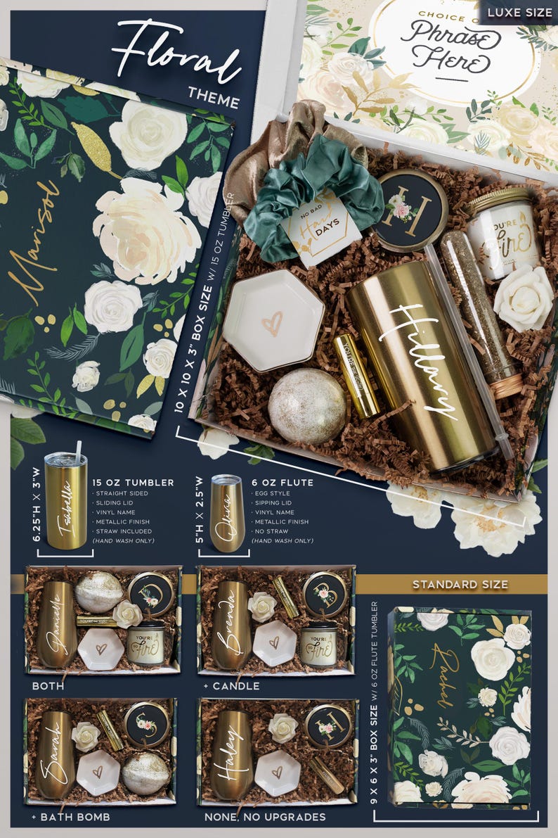May include: A floral-themed gift box set with a choice of a 15-ounce tumbler or a 6-ounce flute. The box is decorated with white flowers and gold accents. The tumbler and flute are both gold and have a personalised name. The set also includes a bath bomb, a candle, and a small dish. The box is available in two sizes: standard and luxe.