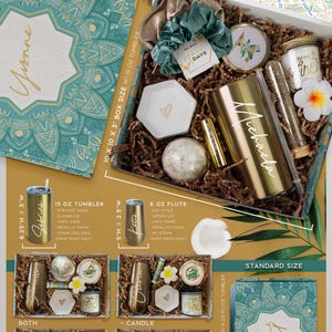 May include: A tropical themed gift box featuring a gold tumbler, a gold flute, a bath bomb, a candle, and a small dish. The box is decorated with a green and gold mandala pattern. The text "Choice of Phrase Here" is printed on the box lid. The box is available in two sizes: standard and luxe.