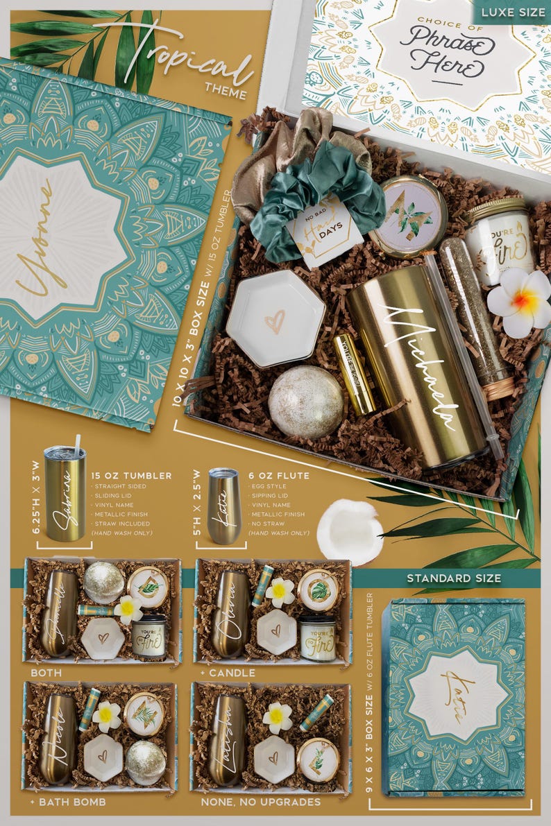 May include: A tropical themed gift box featuring a gold tumbler, a gold flute, a bath bomb, a candle, and a small dish. The box is decorated with a green and gold mandala pattern. The text "Choice of Phrase Here" is printed on the box lid. The box is available in two sizes: standard and luxe.