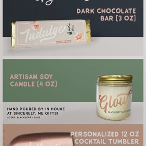 The image is a promotional advertisement for a set of items, including a dark chocolate bar, an artisan soy candle, and a personalized cocktail tumbler.