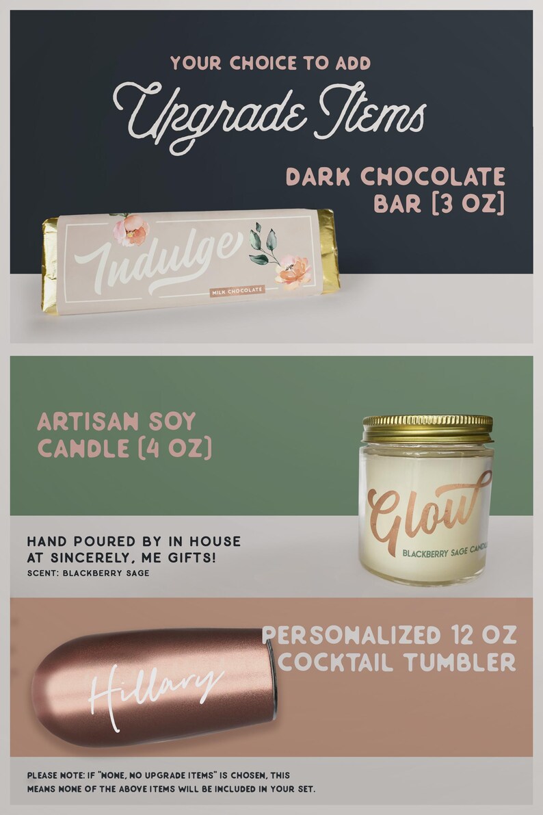 The image is a promotional advertisement for a set of items, including a dark chocolate bar, an artisan soy candle, and a personalized cocktail tumbler.