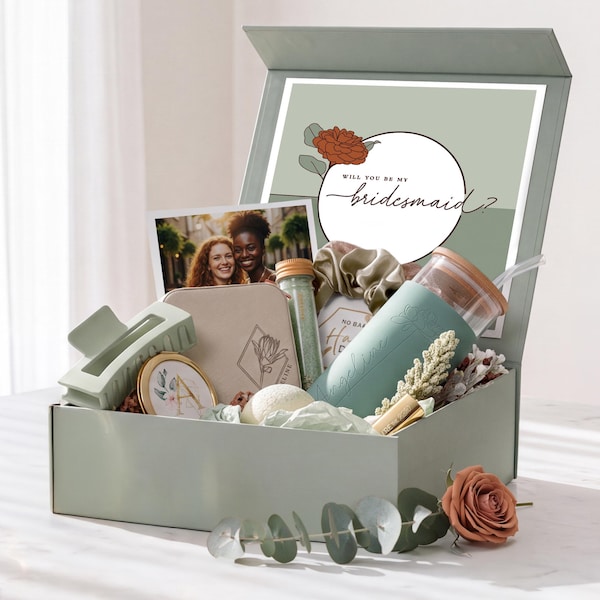 Personalized Bridesmaid Proposal Box with Custom Photo & Tumbler | Will You Be My Bridesmaid Proposal Gift Set in Sage (BE1)