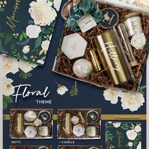 The image is a promotional graphic for a floral-themed gift box. It features various items such as candles, bath bombs, and other accessories arranged in a box. The box is labeled with different sizes and styles, including a standard size, a 9 x 6 x 3 box size, and a bath bomb. The image also includes a description of the gift box, highlighting its floral theme and the luxury size.