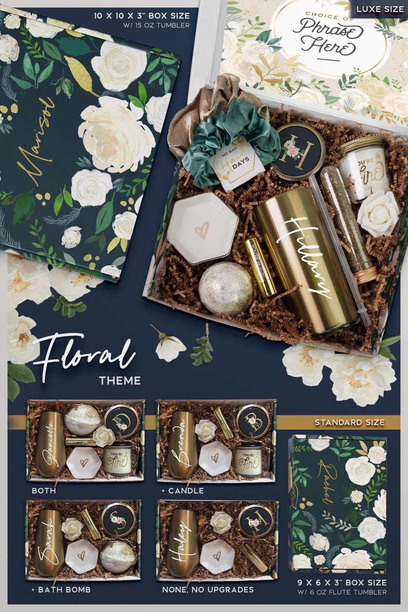 The image is a promotional graphic for a floral-themed gift box. It features various items such as candles, bath bombs, and other accessories arranged in a box. The box is labeled with different sizes and styles, including a standard size, a 9 x 6 x 3 box size, and a bath bomb. The image also includes a description of the gift box, highlighting its floral theme and the luxury size.