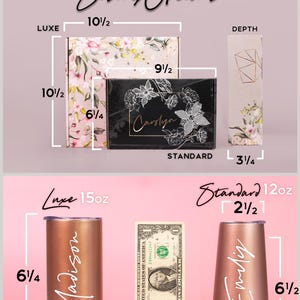 The image is a visual guide comparing the sizes of various items, such as a wallet, a cup, and a box. It provides measurements for each item, including "LUXE", "Standard", and "Standard". The image is a collage of two photos, each depicting a different item, and it includes text that describes the items in a clear and concise manner.
