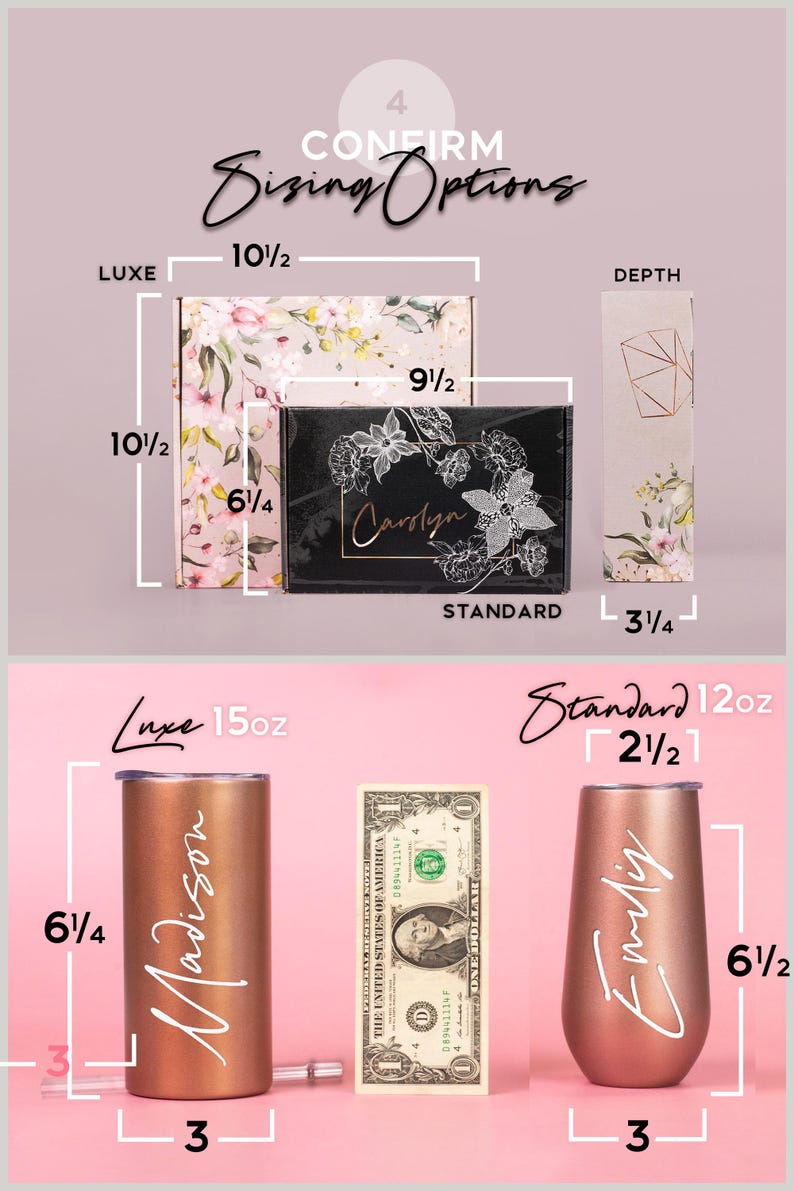 The image is a visual guide comparing the sizes of various items, such as a wallet, a cup, and a box. It provides measurements for each item, including "LUXE", "Standard", and "Standard". The image is a collage of two photos, each depicting a different item, and it includes text that describes the items in a clear and concise manner.