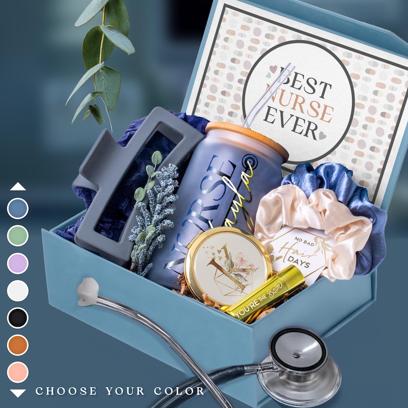 May include: A blue gift box filled with a variety of items, including a tumbler with the text "Nurse" and a stethoscope. The box is decorated with a tag that says "Best Nurse Ever".