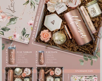 May include: A gift box set featuring a rose gold tumbler with the name Marisol, a candle labeled You're So Fire, a white hexagonal trinket dish with a heart, a pink scrunchie, a bath bomb, and a lip balm, all nestled in brown paper filler.