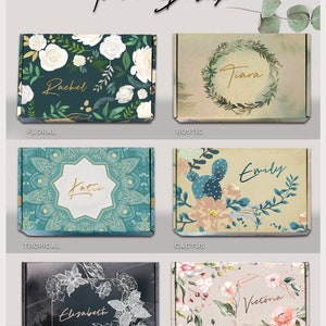 May include: Six different box designs for gift boxes. The designs are floral, rustic, tropical, cactus, dark rose, and blush. Each design features a different pattern and colour scheme. The boxes are all the same size and shape.
