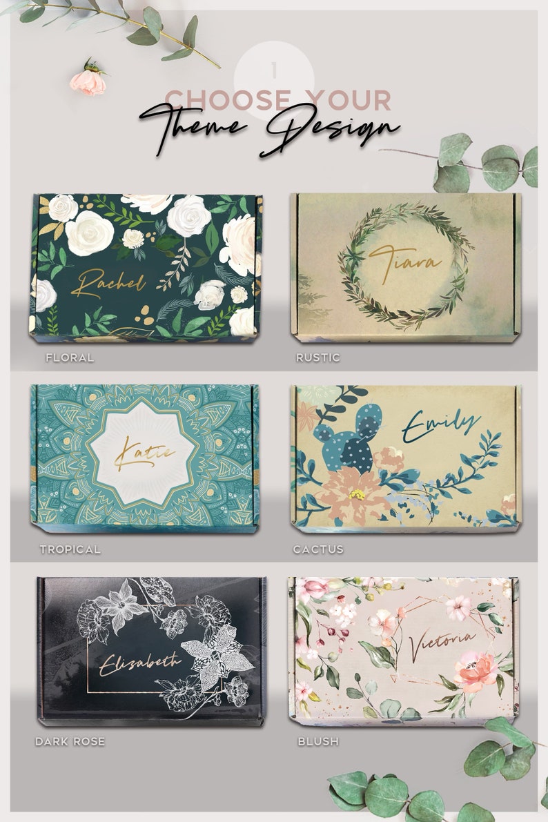 May include: Six different box designs for gift boxes. The designs are floral, rustic, tropical, cactus, dark rose, and blush. Each design features a different pattern and colour scheme. The boxes are all the same size and shape.