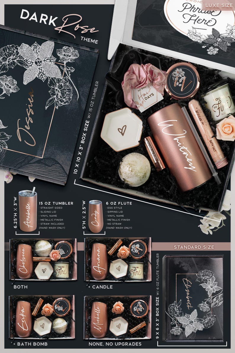 May include: A gift box set with a dark rose theme. The box is black with a white floral design and the text "Dark Rose Theme". The box contains a rose gold tumbler, a bath bomb, a candle, and a small dish. The box is available in two sizes: 25.4 x 25.4 x 7.6 cm and 22.9 x 15.2 x 7.6 cm.