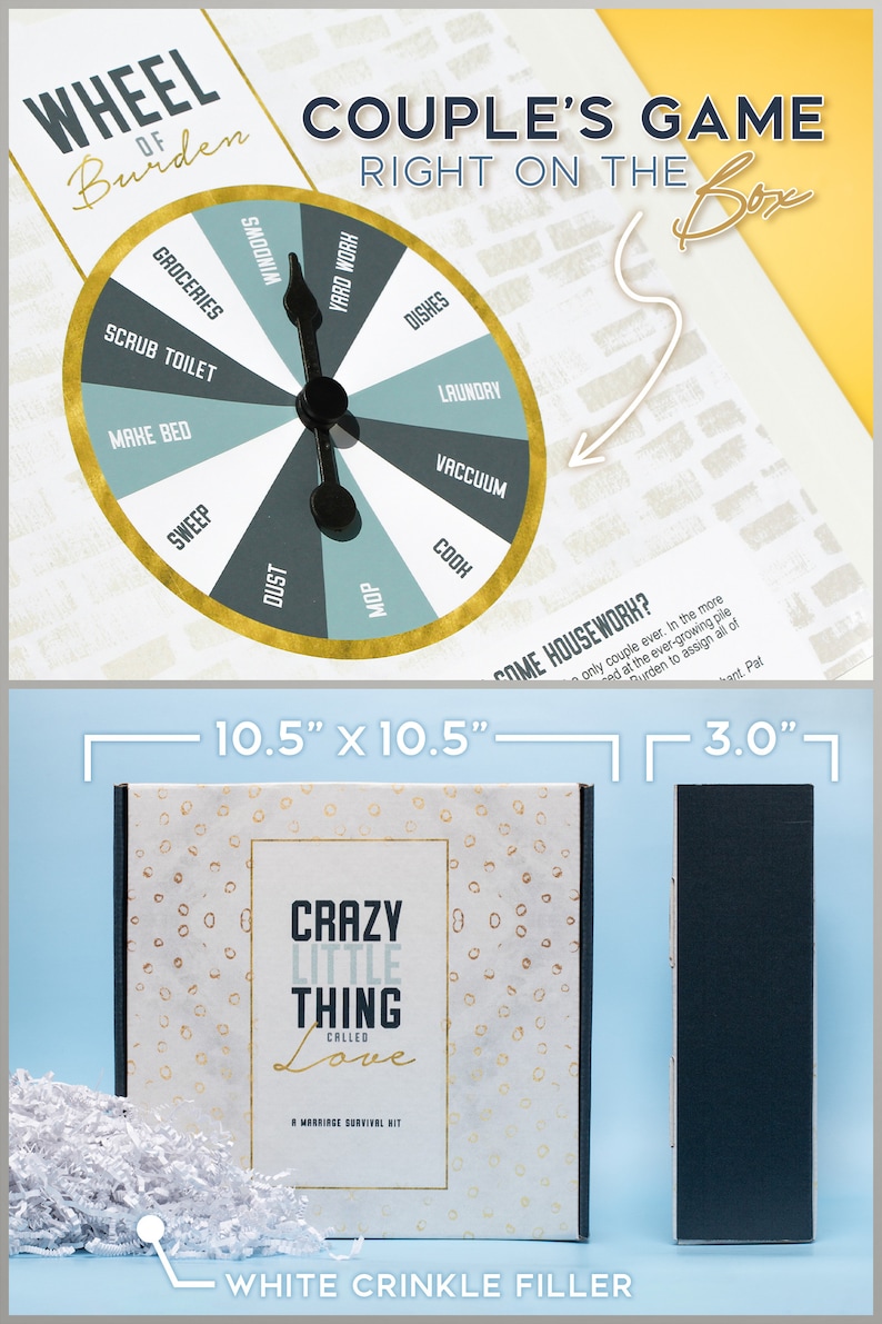 May include: A white box with gold polka dots and the text "Crazy Little Thing Called Love" and "A Marriage Survival Kit". The box is 10.5 inches by 10.5 inches and is sitting on a light blue surface with white crinkle filler. A black box is to the right of the white box and is 3 inches wide.