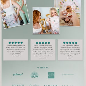 May include: A white engagement gift basket with a floral design and the text "Bride" on the lid. The basket is surrounded by five-star reviews and the text "Give Remarkable Gifts".