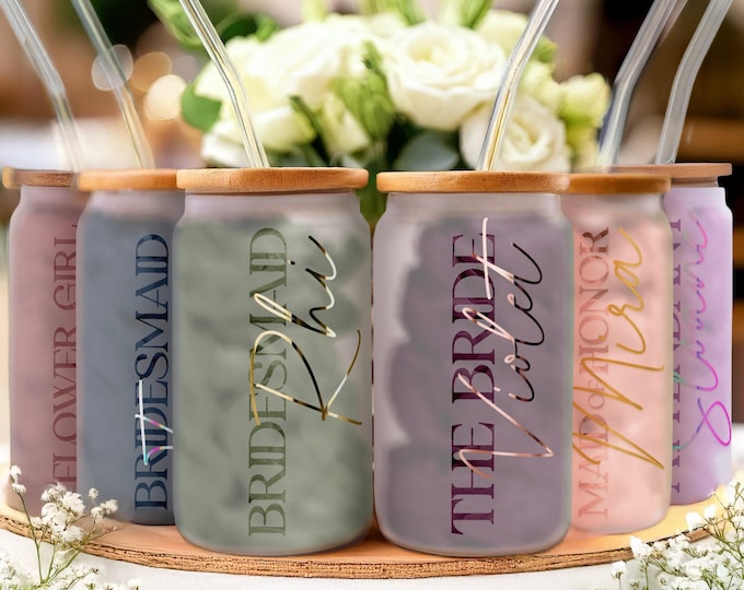Bridesmaid Bridal Frosted Glass Tumbler with Etched Wedding Role - Curved Straw, 16oz, Bamboo Lid (FW1)