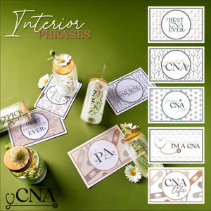 May include: An assortment of CNA-themed gifts and cards on a green background. The image includes glass tumblers with floral accents, cards with phrases like "Best CNA Ever," and the text "Interior Phrases."