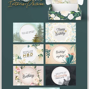 May include: A set of ten printable birthday cards with different designs and messages. The cards feature floral patterns, watercolour backgrounds, and gold accents. The messages include "Happy Birthday", "Better Late Than Never HBD", "I Didn't Forget Your Birthday, I'm Just Fashionably Late", and "I Didn't Forget Your Birthday, I Just Wanted To Make It Last Longer".