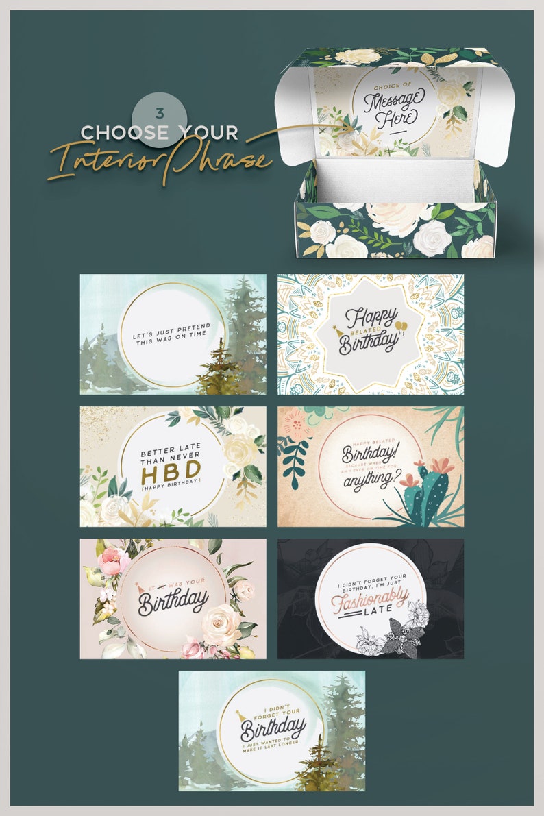 May include: A set of ten printable birthday cards with different designs and messages. The cards feature floral patterns, watercolour backgrounds, and gold accents. The messages include "Happy Birthday", "Better Late Than Never HBD", "I Didn't Forget Your Birthday, I'm Just Fashionably Late", and "I Didn't Forget Your Birthday, I Just Wanted To Make It Last Longer".