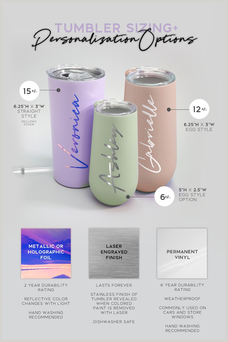 May include: Image of three personalized tumblers in different sizes and colors: lavender, mint green, and peach. Each tumbler has a name in a metallic font. The image also shows details about the tumbler options, including metallic foil and laser engraved finishes.
