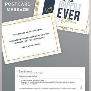 May include: A white postcard with gold accents and a blue border. The postcard says "For Your Happily Ever After" with two gold rings in the top left corner. The text "Customize with your postcard message" is in the top left corner. The postcard is on a grey background.
