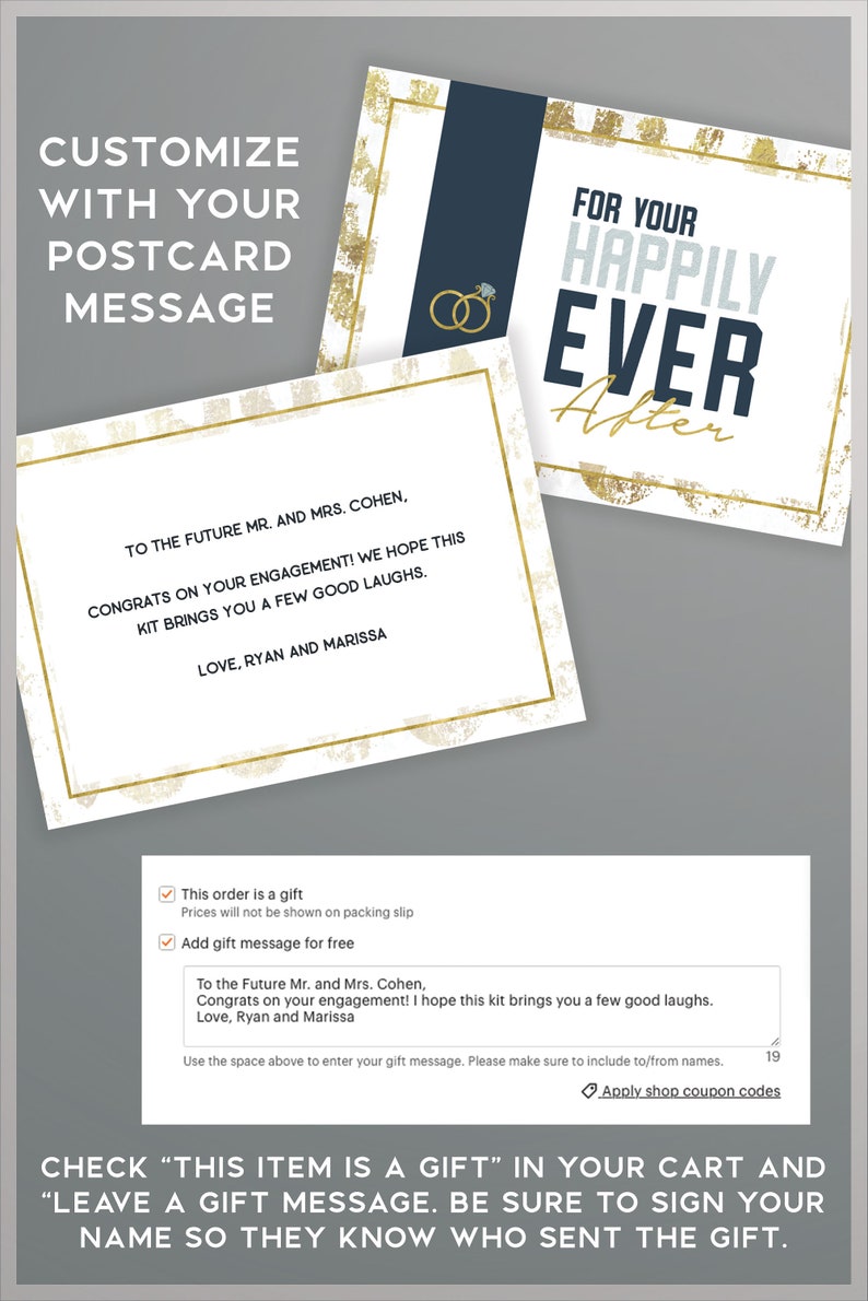 May include: A white postcard with gold accents and a blue border. The postcard says "For Your Happily Ever After" with two gold rings in the top left corner. The text "Customize with your postcard message" is in the top left corner. The postcard is on a grey background.