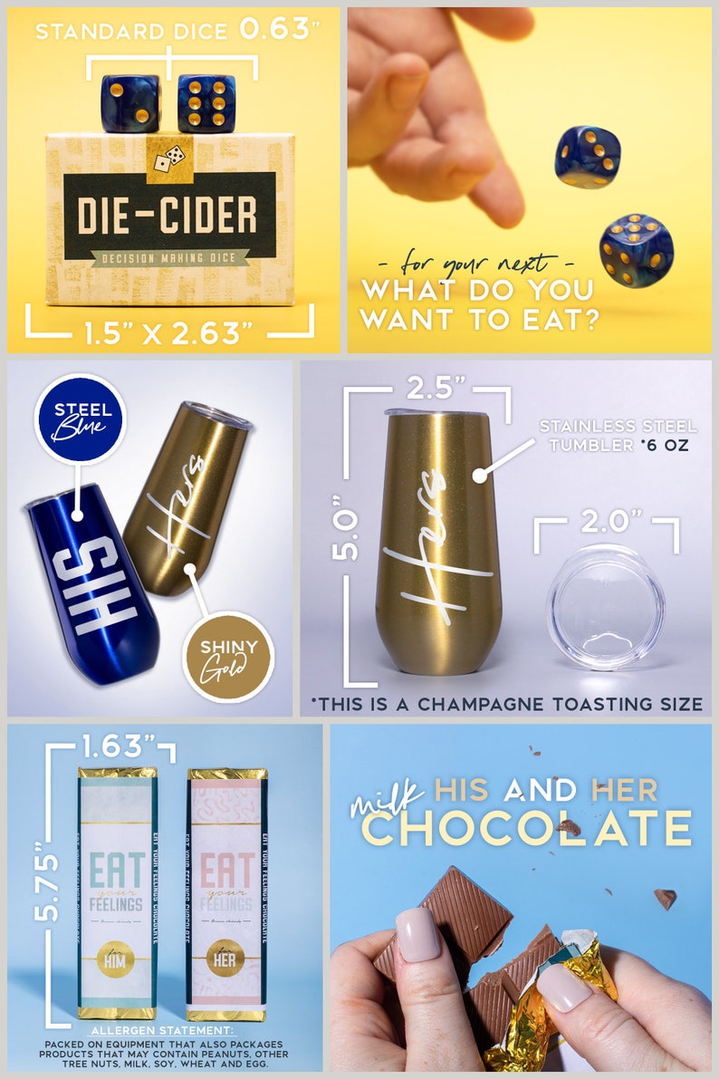 May include: A set of two chocolate bars with the words "Eat Your Feelings" on them. One bar is labelled "Him" and is blue and gold. The other bar is labelled "Her" and is pink and gold. The bars are 5.75 inches tall and 1.63 inches wide. The text "Allergen Statement" is also included.
