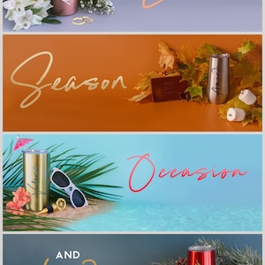 May include: A promotional image featuring personalized tumblers for various events. The image showcases a rose gold tumbler with the name "Madison", a champagne flute with the name "Amanda", a gold tumbler with the name "Valerie", and a red tumbler with the name "Amanda".