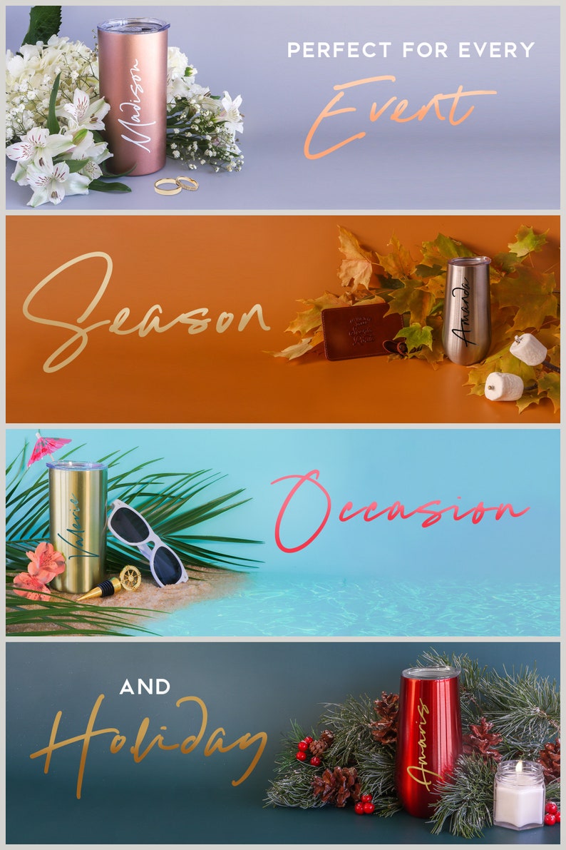May include: A promotional image featuring personalized tumblers for various events. The image showcases a rose gold tumbler with the name "Madison", a champagne flute with the name "Amanda", a gold tumbler with the name "Valerie", and a red tumbler with the name "Amanda".