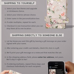 May include: A guide on how to set up shipping for a personalised gift box. The image shows a floral gift box with the name "Alicia" on it. The text explains how to ship the box to yourself or to someone else. It also shows a sample gift message that can be included with the box.