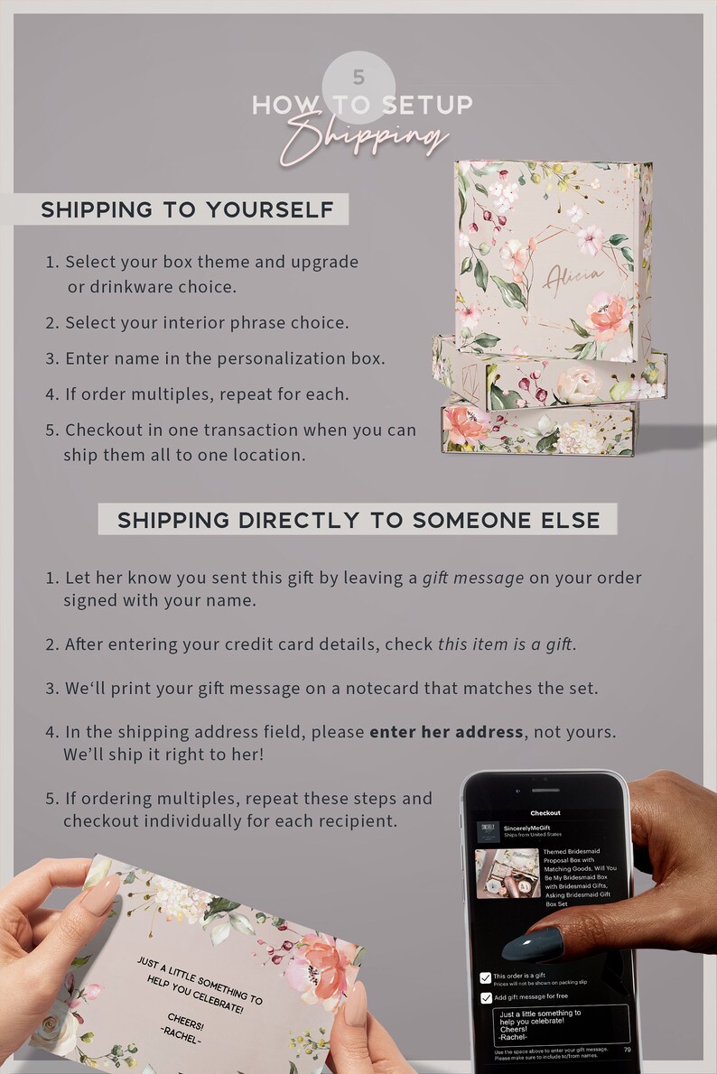 May include: A guide on how to set up shipping for a personalised gift box. The image shows a floral gift box with the name "Alicia" on it. The text explains how to ship the box to yourself or to someone else. It also shows a sample gift message that can be included with the box.