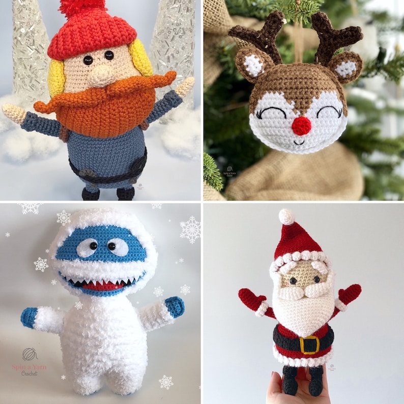 Puede incluir: Cuatro adornos navide&ntilde;os de crochet: un gnomo con un gorro rojo, un reno con la nariz roja, un mu&ntilde;eco de nieve con la cara azul y un Pap&aacute; Noel con barba blanca.