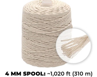 Cuerda de macramé de algodón 4 mm 1020 pies (310 m) - Color blanquecino natural - Suministros de macramé - Trabajo de nudo decorativo - Tejido - Tejido - Ganchillo