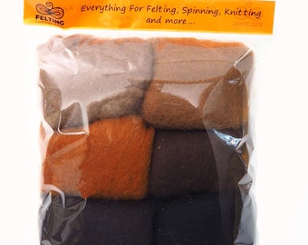 Wool Felt Kit, Felting Wool Pack, Carded Wool Set for Needle Felting Kit, Wet and Nuno Felting, Spinning, Brown Palette, 26-29mic, 60g/2.1oz