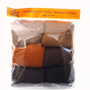 Wool Felt Kit, Felting Wool Pack, Carded Wool Set for Needle Felting Kit, Wet and Nuno Felting, Spinning, Brown Palette, 26-29mic, 60g/2.1oz