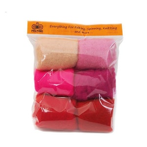 Wool Felt Kit, Felting Wool Pack, Carded Wool Set for Needle Felting Kit, Wet Felting, Nuno Felting Spinning Pink Palette 26-29mic 60g/2.1oz