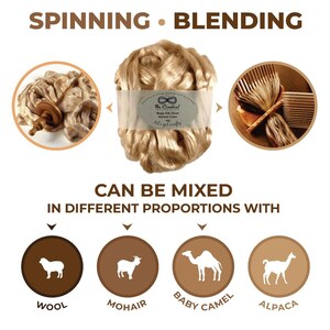 K&ouml;nnte beinhalten: Ein Ball goldener Seidenfasern mit einem Etikett, auf dem "Be Creative! Mega Silk Shiver Natural Color let's get crafty" steht. Die Seidenfasern k&ouml;nnen gesponnen oder mit Wolle, Mohair, Babykamel oder Alpaka gemischt werden.