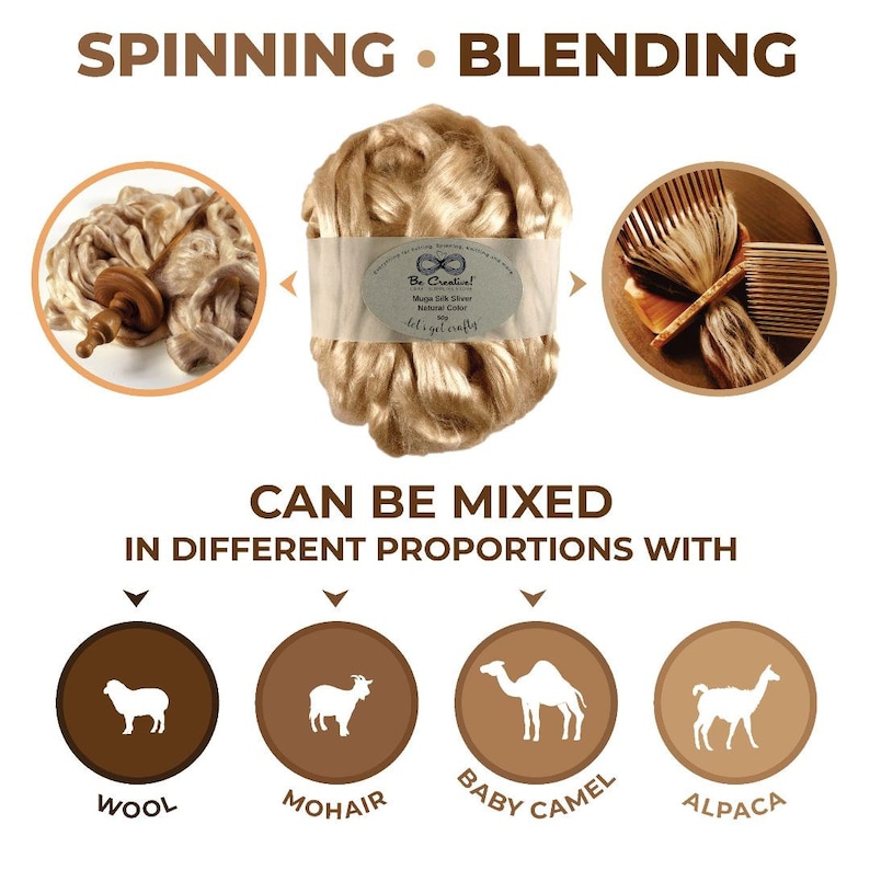 K&ouml;nnte beinhalten: Ein Ball goldener Seidenfasern mit einem Etikett, auf dem "Be Creative! Mega Silk Shiver Natural Color let's get crafty" steht. Die Seidenfasern k&ouml;nnen gesponnen oder mit Wolle, Mohair, Babykamel oder Alpaka gemischt werden.