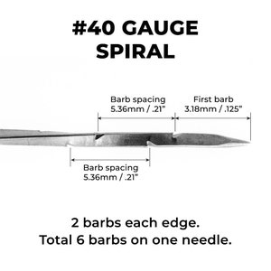 Puede incluir: Primer plano de una aguja espiral de calibre 40 con seis p&uacute;as. La aguja mide 5,36 mm o 0,21 pulgadas de largo con un espacio entre p&uacute;as de 3,18 mm o 0,125 pulgadas.
