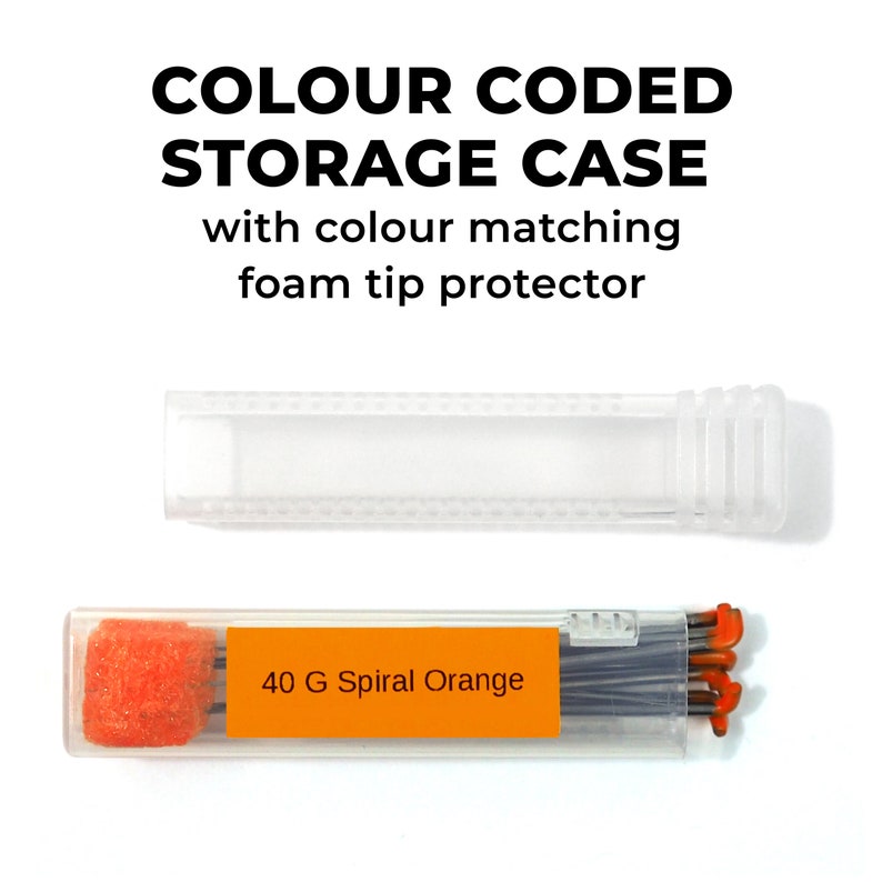 Puede incluir: Una caja de almacenamiento de pl&aacute;stico transparente con una etiqueta naranja brillante que dice "40 G Spiral Orange". La caja contiene un juego de agujas con puntas naranjas.