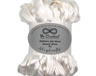 50g Mulberry Silk Sliver Natural Shiny White Undyed - Wet Felting - Nuno Felting - Spinning - Soapmaking - Papermaking