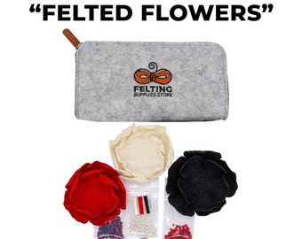 DIY Art Craft Kit FLOWERS - Fashion Craft Gift Kit - Craft Beginners Kit – Unique Felted Wool Brooches Or Hair Ties - Felting Supplies Store