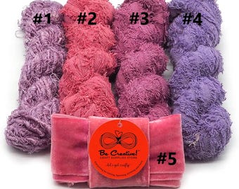 Mixed Textile Kit Pink - Sari Silk Yarn - Cotton Frizz - Velvet Ribbon, Weaving, Felting, Macrame - Fiber Bundle
