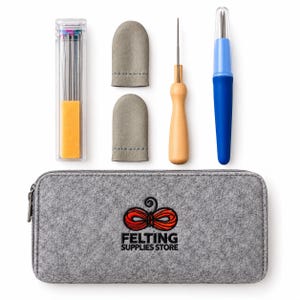 May include: A needle felting kit featuring a grey felt zipped case with the text FELTING SUPPLIES STORE, a clear plastic needle container, two grey leather finger guards, a wooden-handled needle tool, and a blue-handled multi-needle tool.