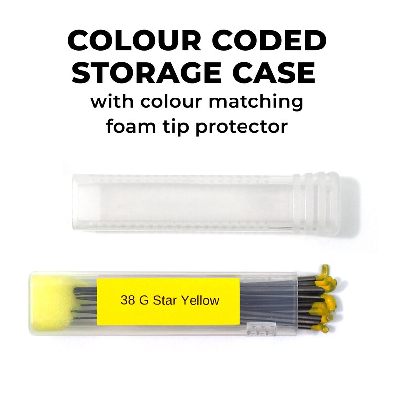 Puede incluir: Una caja de almacenamiento de pl&aacute;stico transparente con un protector de punta de espuma amarillo. La caja contiene un juego de 38 agujas G Star amarillas.