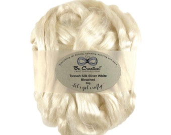 Tussah Silk Sliver 50g - Bleached White Wild Silk Roving for Soapmaking, Wet Nuno Felting, Spinning, Papermaking