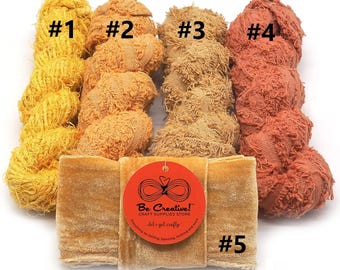 Mixed Textile Kit Yellow - Sari Silk Yarn - Cotton Frizz - Velvet Ribbon, Weaving, Felting, Macrame - Fiber Bundle