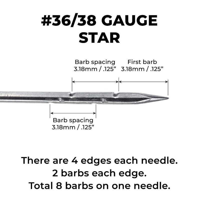 Puede incluir: Primer plano de una aguja en forma de estrella de calibre #36/38 con p&uacute;as. La aguja tiene un total de 8 p&uacute;as, con 2 p&uacute;as en cada uno de los 4 bordes. El espacio entre las p&uacute;as es de 3,18 mm o 0,125 pulgadas.