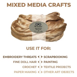 K&ouml;nnte beinhalten: Nahaufnahme eines B&uuml;ndels naturfarbener Muga-Seidenspinnf&auml;den, einer Art Seidenfaser. Die Seide ist in einem durchsichtigen Plastikbeutel verpackt mit einem Etikett, auf dem steht "Be Creative!" Craft Supplies Store, Muga Silk Sliver, Natural Color, 50g, let's get crafty. Die Seide kann f&uuml;r Stickerei, Scrapbooking, feines Puppenhaar, Malerei, H&auml;keln, Textilprojekte, Papierherstellung und andere Kunstobjekte verwendet werden.