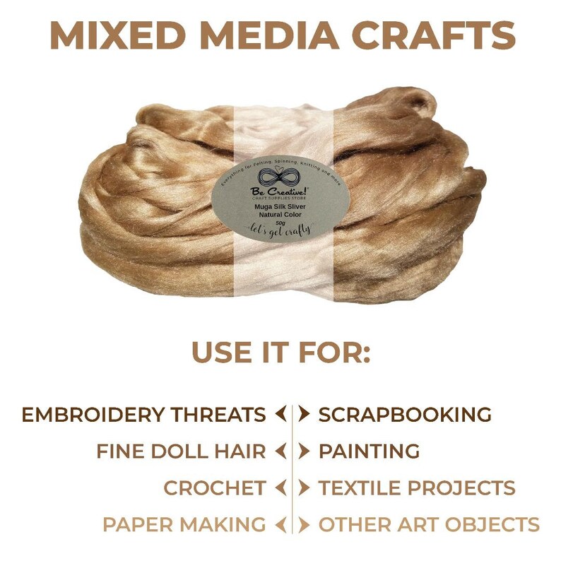 K&ouml;nnte beinhalten: Nahaufnahme eines B&uuml;ndels naturfarbener Muga-Seidenspinnf&auml;den, einer Art Seidenfaser. Die Seide ist in einem durchsichtigen Plastikbeutel verpackt mit einem Etikett, auf dem steht "Be Creative!" Craft Supplies Store, Muga Silk Sliver, Natural Color, 50g, let's get crafty. Die Seide kann f&uuml;r Stickerei, Scrapbooking, feines Puppenhaar, Malerei, H&auml;keln, Textilprojekte, Papierherstellung und andere Kunstobjekte verwendet werden.